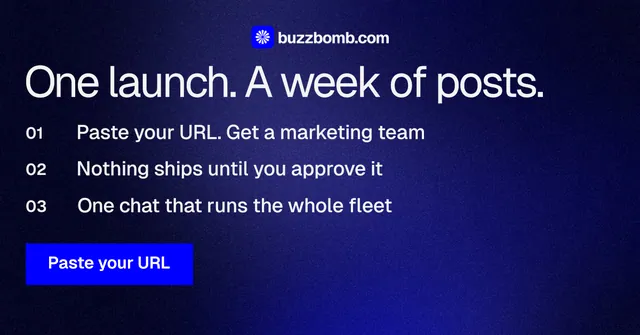 Social ad for BuzzBomb: "One launch. A week of posts." Swiss style, numbered layout, dark palette in black, blue, grey.