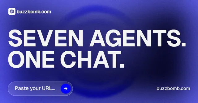 Social ad for BuzzBomb: "Seven agents. One chat." Agentic glass style, poster layout, dark palette in blue.