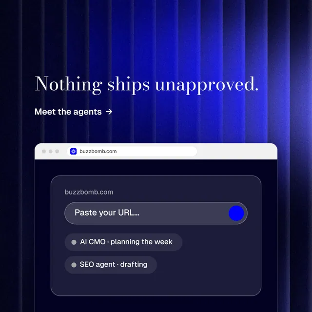 Instagram post for BuzzBomb: "Nothing ships unapproved." Minimal luxury style, browser layout, dark palette in black, blue.
