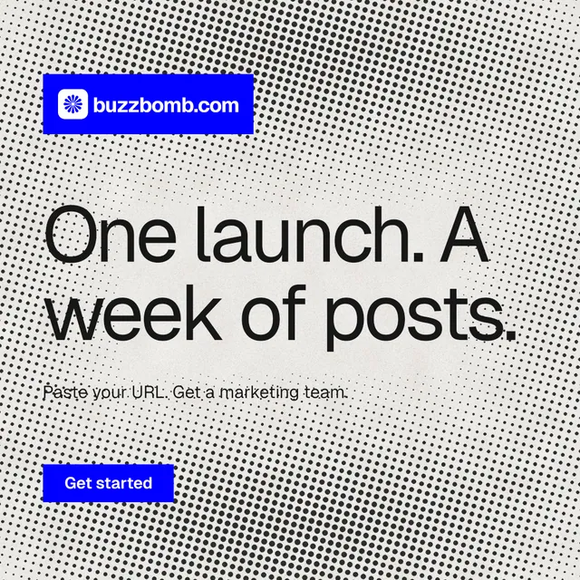 Instagram post for BuzzBomb: "One launch. A week of posts." Swiss style, announce layout, light palette in grey, white, blue.