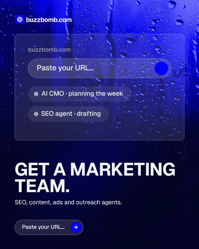 Instagram portrait post for BuzzBomb: "Get a marketing team." Agentic glass style, bottom layout, dark palette in black, blue.