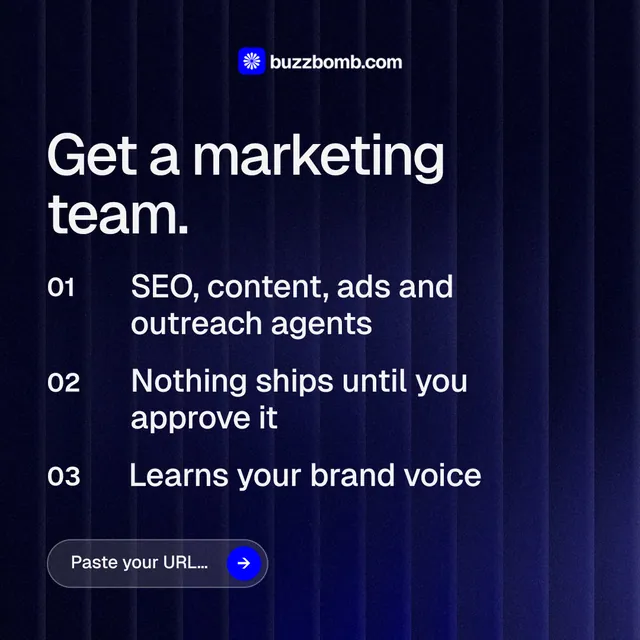 Instagram post for BuzzBomb: "Get a marketing team." Agentic glass style, numbered layout, dark palette in black, blue, grey.