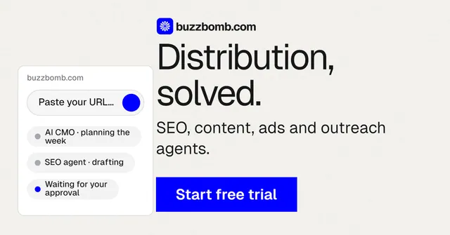 Social ad for BuzzBomb: "Distribution, solved." Swiss style, skeleton layout, light palette in white, blue.