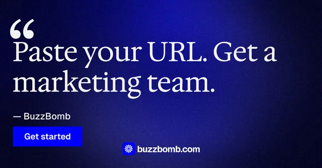 Social ad for BuzzBomb: "Distribution, solved." Swiss style, quote layout, dark palette in black, blue.