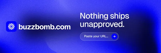 X header for BuzzBomb: "Nothing ships unapproved." Agentic glass style, logo hero layout, dark palette in blue.