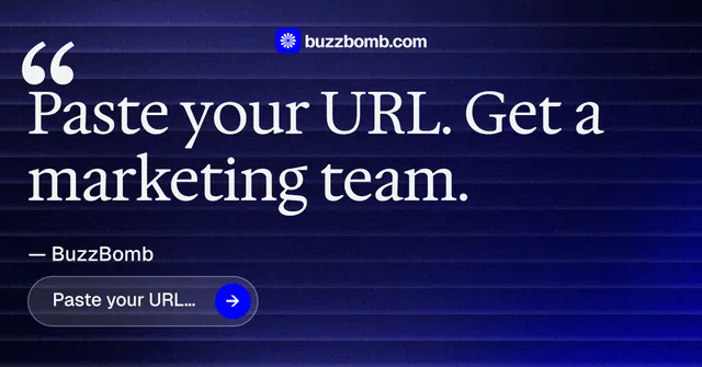 Social ad for BuzzBomb: "Spark some growth today." Agentic glass style, quote layout, dark palette in black, blue, grey.