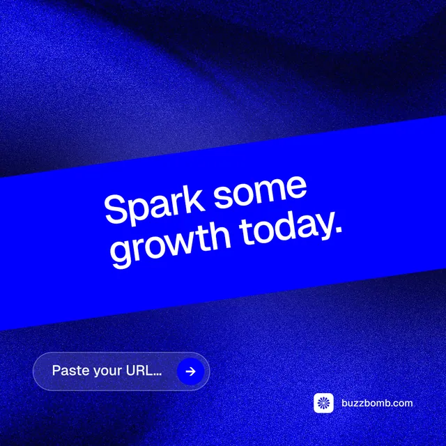 Instagram post for BuzzBomb: "Spark some growth today." Agentic glass style, diagonal layout, dark palette in blue.