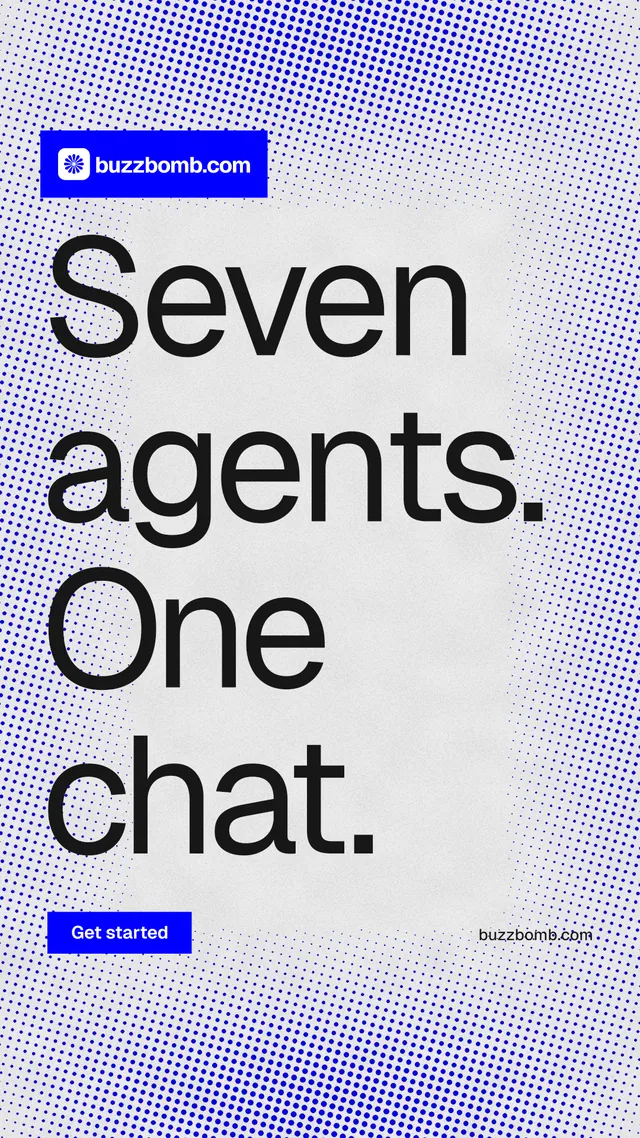 Instagram story for BuzzBomb: "Seven agents. One chat." Swiss style, poster layout, light palette in blue, white.