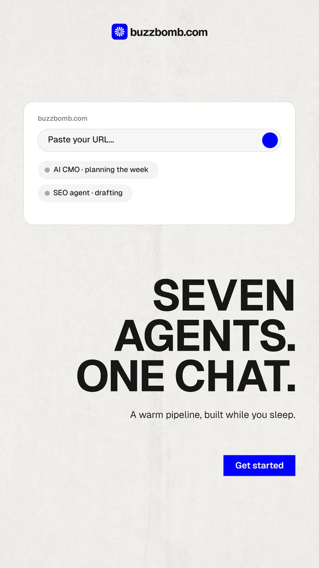Instagram story for BuzzBomb: "Seven agents. One chat." Swiss style, right layout, light palette in white, grey.