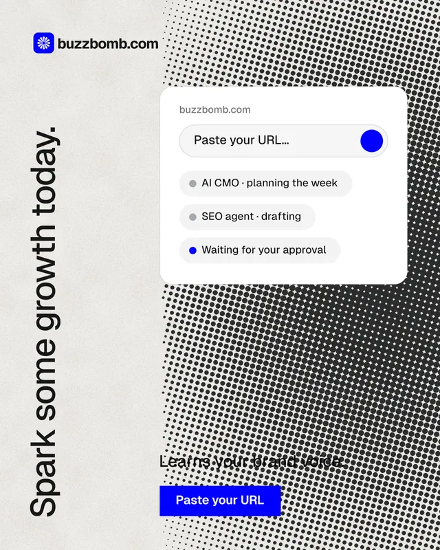 Instagram portrait post for BuzzBomb: "Spark some growth today." Swiss style, vertical layout, light palette in white, grey.