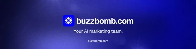 LinkedIn banner for BuzzBomb: "Your AI marketing team." Agentic glass style, end card layout, dark palette in blue.