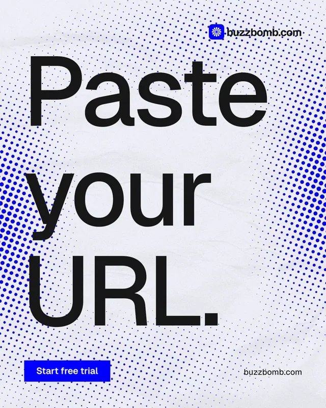 Instagram portrait post for BuzzBomb: "Paste your URL." Swiss style, poster layout, light palette in blue, white, grey.