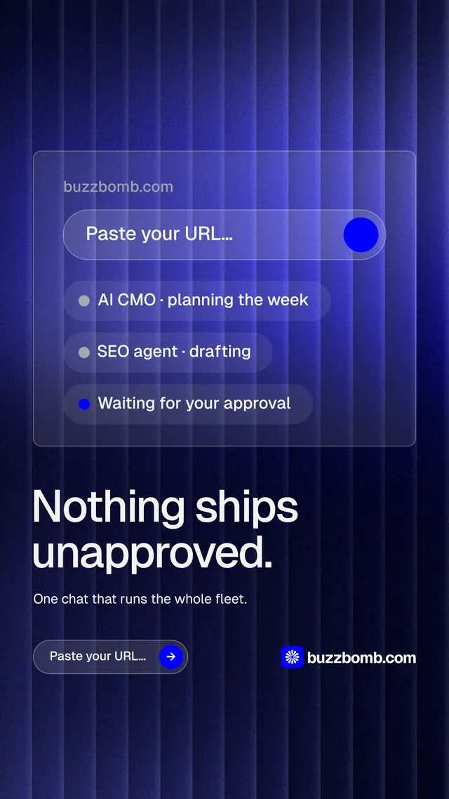 Instagram story for BuzzBomb: "Nothing ships unapproved." Agentic glass style, bottom layout, dark palette in black, blue.