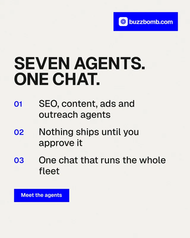 Instagram portrait post for BuzzBomb: "Seven agents. One chat." Swiss style, numbered layout, light palette in white, blue.