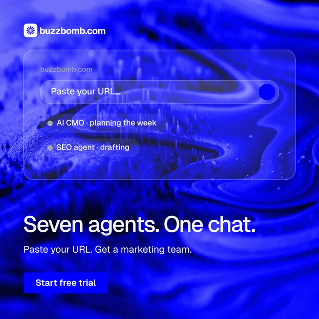 Instagram post for BuzzBomb: "Seven agents. One chat." Swiss style, bottom layout, dark palette in blue.