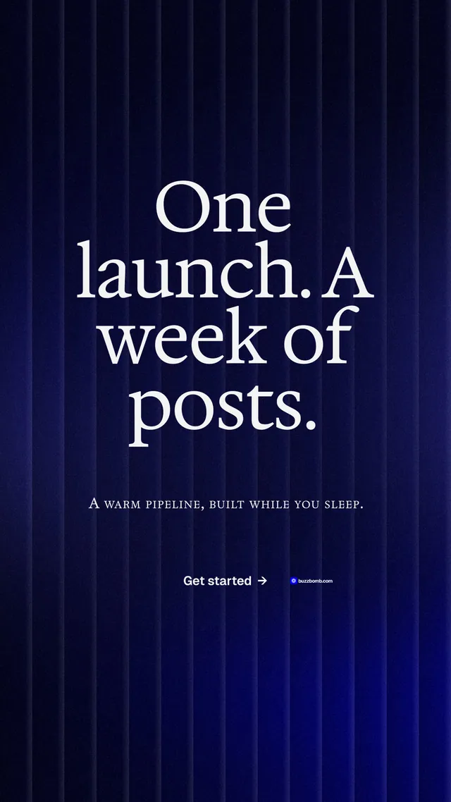 Instagram story for BuzzBomb: "One launch. A week of posts." Agentic glass style, smallcaps layout, dark palette in black, blue.