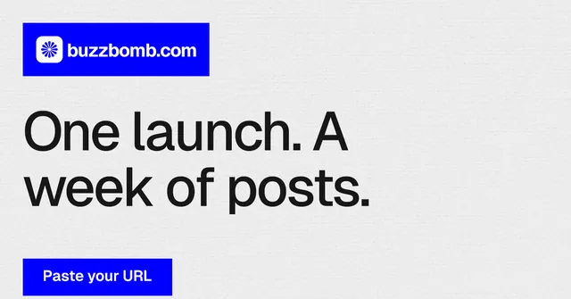 Social ad for BuzzBomb: "One launch. A week of posts." Swiss style, announce layout, light palette in white, blue, grey.