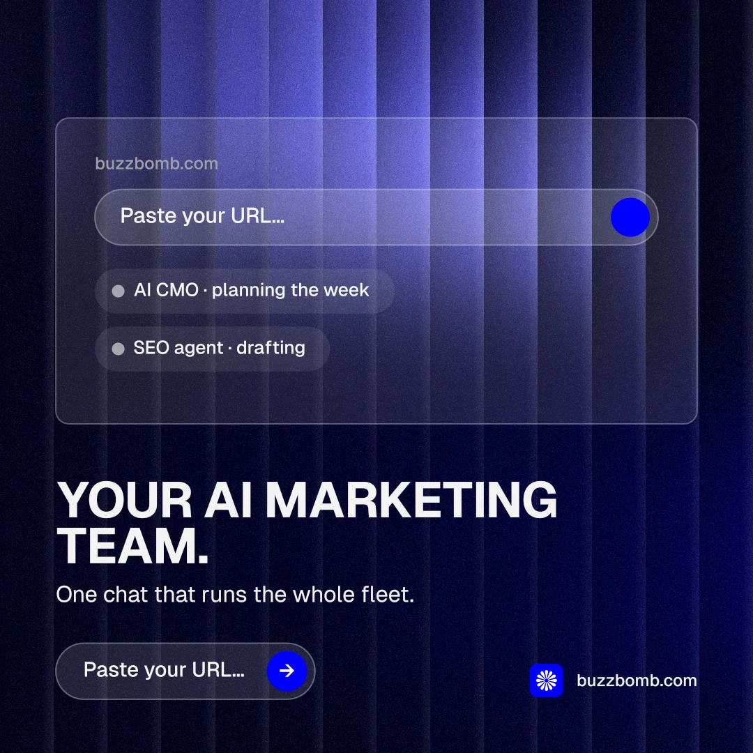 Instagram post for BuzzBomb: "Your AI marketing team." Agentic glass style, bottom layout, dark palette in black, blue.