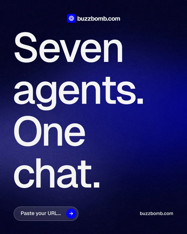 Instagram portrait post for BuzzBomb: "Seven agents. One chat." Agentic glass style, poster layout, dark palette in black, blue, grey.