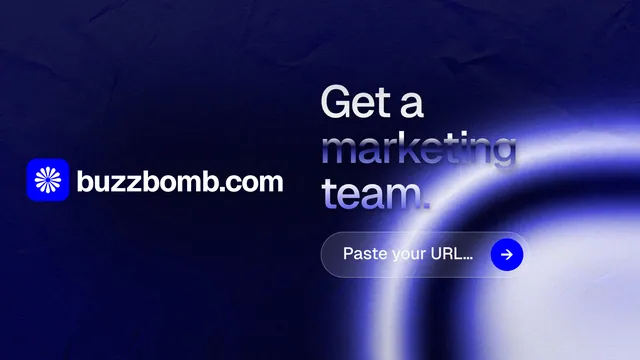 Landscape graphic for BuzzBomb: "Get a marketing team." Agentic glass style, logo hero layout, dark palette in blue, black.