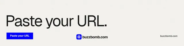 LinkedIn banner for BuzzBomb: "Paste your URL." Swiss style, poster layout, light palette in white, blue.