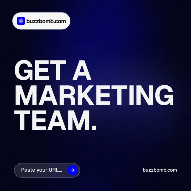 Instagram post for BuzzBomb: "Get a marketing team." Agentic glass style, poster layout, dark palette in black, blue, grey.