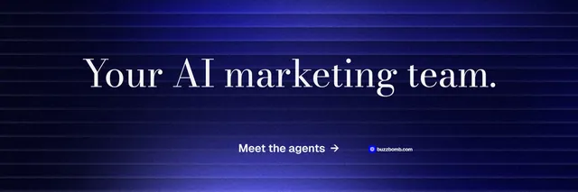 X header for BuzzBomb: "Your AI marketing team." Minimal luxury style, centred layout, dark palette in blue, black.