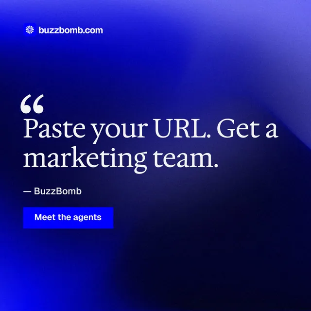 Instagram post for BuzzBomb: "Your AI marketing team." Swiss style, quote layout, dark palette in black, blue.