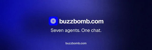 X header for BuzzBomb: "Seven agents. One chat." Swiss style, end card layout, dark palette in black, blue.
