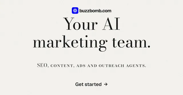 Social ad for BuzzBomb: "Your AI marketing team." Minimal luxury style, smallcaps layout, light palette in white, grey.