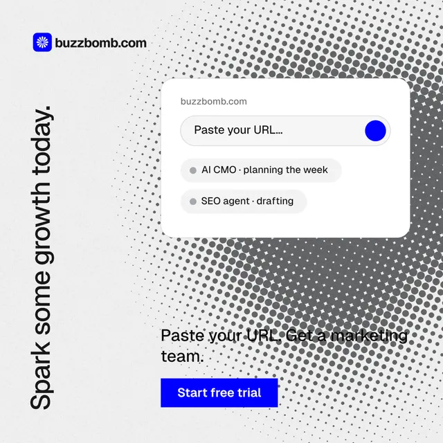 Instagram post for BuzzBomb: "Spark some growth today." Swiss style, vertical layout, light palette in white, grey.