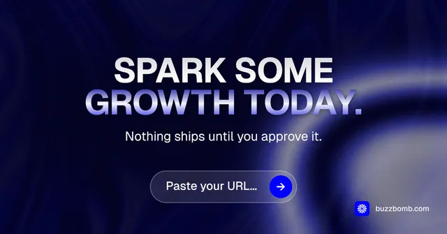 Social ad for BuzzBomb: "Spark some growth today." Agentic glass style, centred layout, dark palette in black, blue, grey.