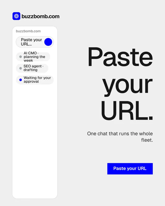 Instagram portrait post for BuzzBomb: "Paste your URL." Swiss style, right layout, light palette in white, grey.