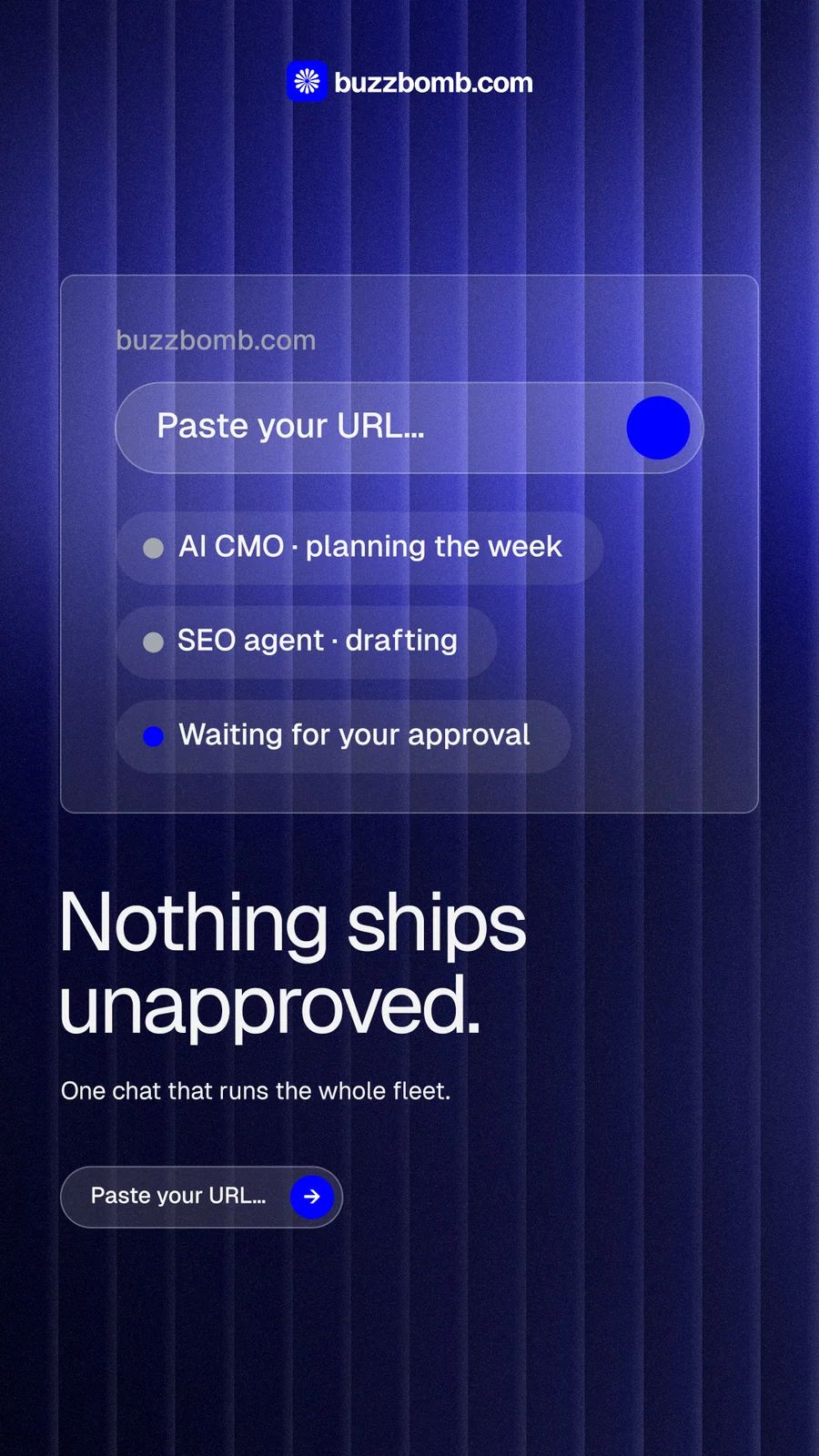 Instagram story for BuzzBomb: "Nothing ships unapproved." Agentic glass style, bottom layout, dark palette in blue, black.