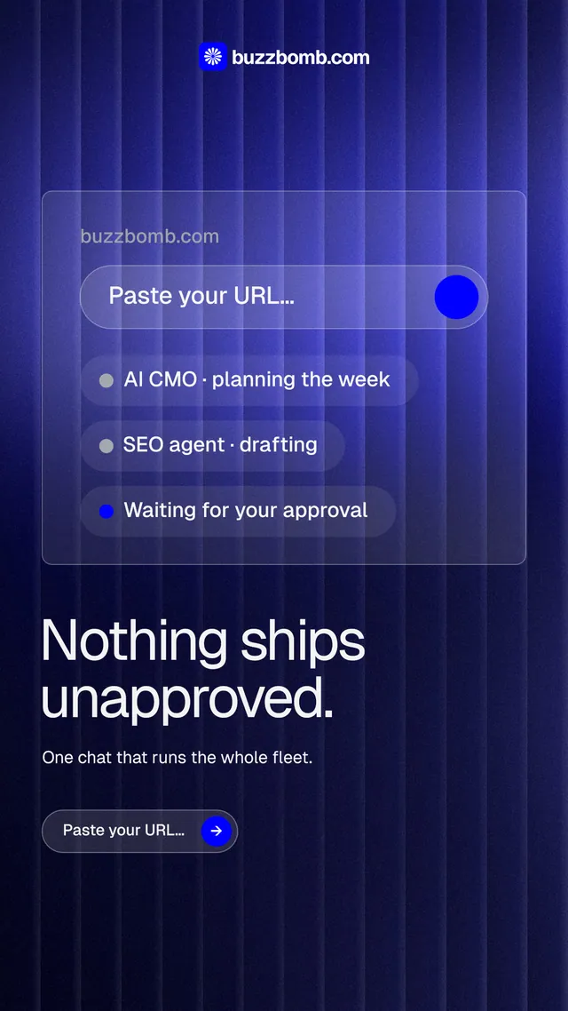 Instagram story for BuzzBomb: "Nothing ships unapproved." Agentic glass style, bottom layout, dark palette in blue, black.