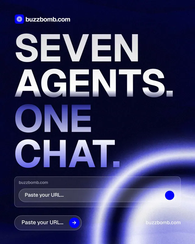Instagram portrait post for BuzzBomb: "Seven agents. One chat." Agentic glass style, poster layout, dark palette in blue, black.