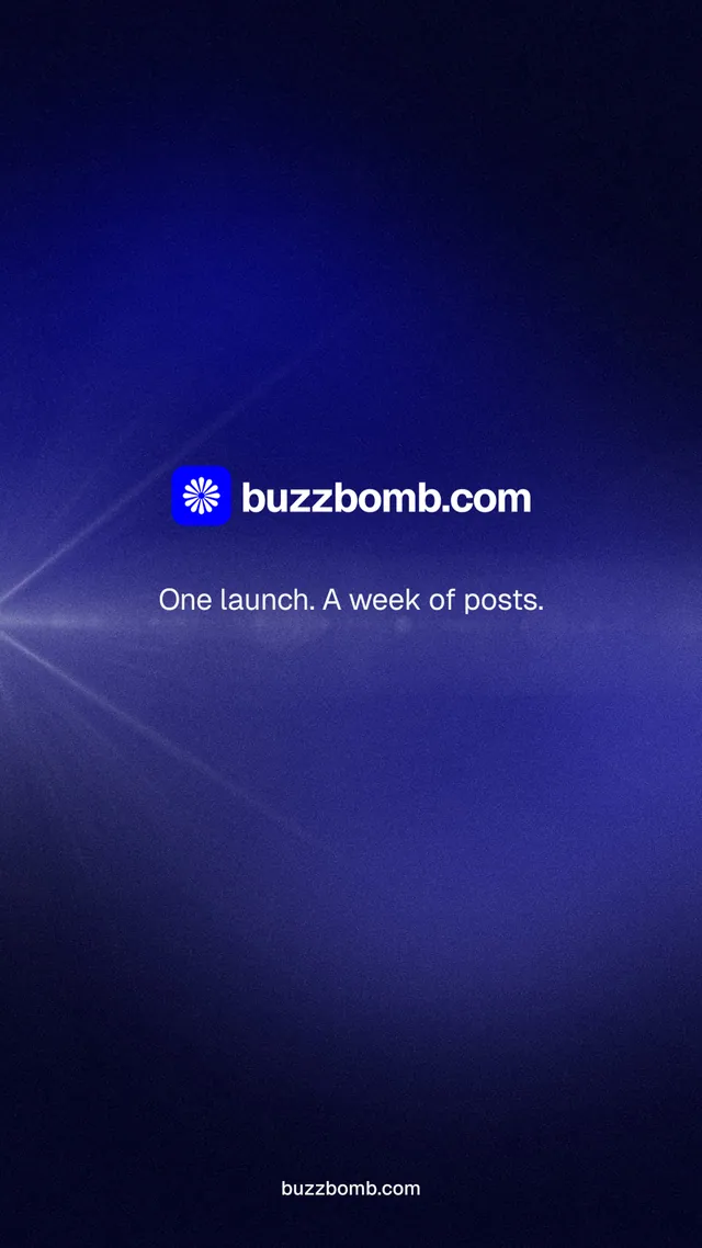 Instagram story for BuzzBomb: "One launch. A week of posts." Agentic glass style, end card layout, dark palette in black, blue.