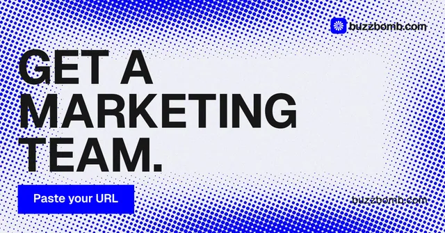 Social ad for BuzzBomb: "Get a marketing team." Split block style, poster layout, light palette in blue, white.