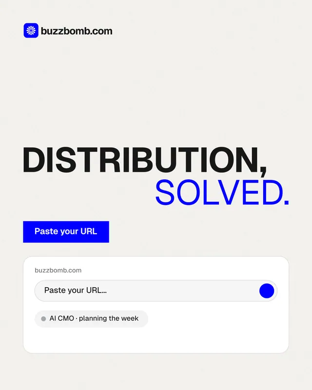 Instagram portrait post for BuzzBomb: "Distribution, solved." Swiss style, stacked layout, light palette in white, blue.