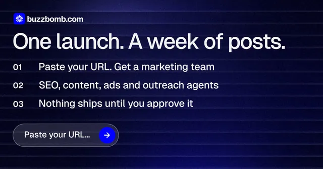 Social ad for BuzzBomb: "One launch. A week of posts." Agentic glass style, numbered layout, dark palette in blue, black.