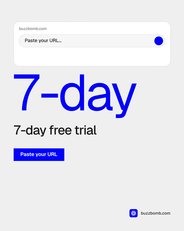 Instagram portrait post for BuzzBomb: "Paste your URL." Swiss style, stat layout, light palette in white, blue.