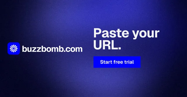 Social ad for BuzzBomb: "Paste your URL." Swiss style, logo hero layout, dark palette in black, blue.
