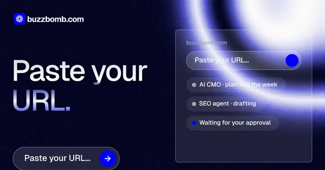Social ad for BuzzBomb: "Paste your URL." Agentic glass style, bottom layout, dark palette in black, blue.