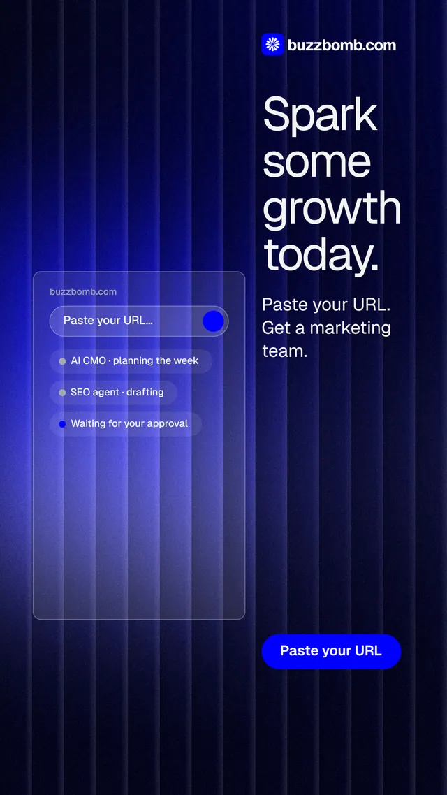 Instagram story for BuzzBomb: "Spark some growth today." Agentic glass style, skeleton layout, dark palette in black, blue.