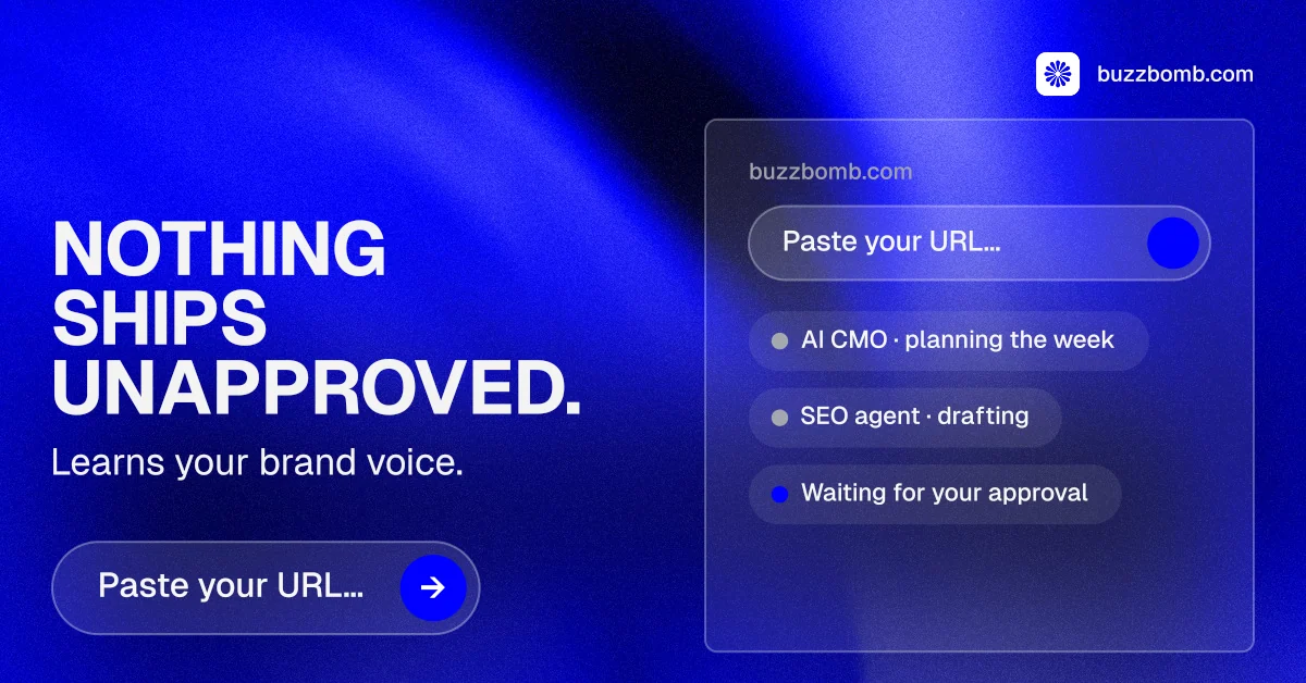 Social ad for BuzzBomb: "Nothing ships unapproved." Agentic glass style, bottom layout, dark palette in blue.