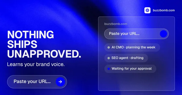 Social ad for BuzzBomb: "Nothing ships unapproved." Agentic glass style, bottom layout, dark palette in blue.