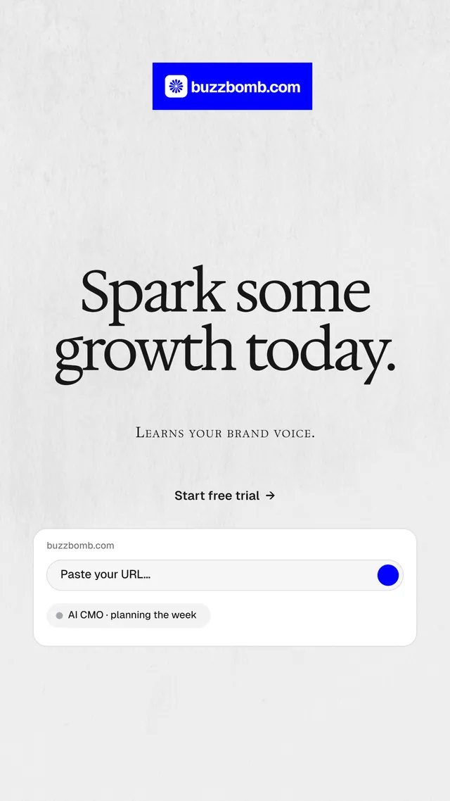 Instagram story for BuzzBomb: "Spark some growth today." Swiss style, smallcaps layout, light palette in white, blue.