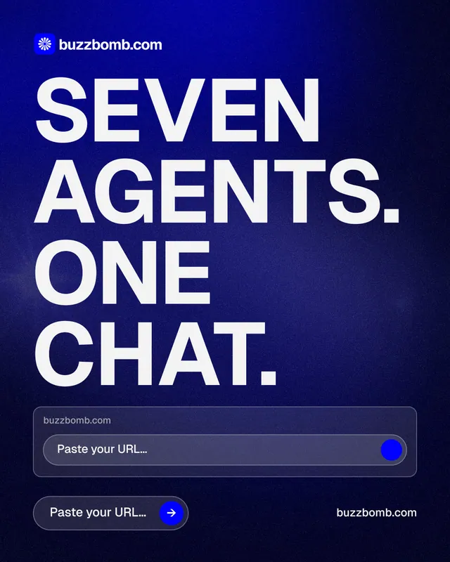 Instagram portrait post for BuzzBomb: "Seven agents. One chat." Agentic glass style, poster layout, dark palette in black, blue, white.