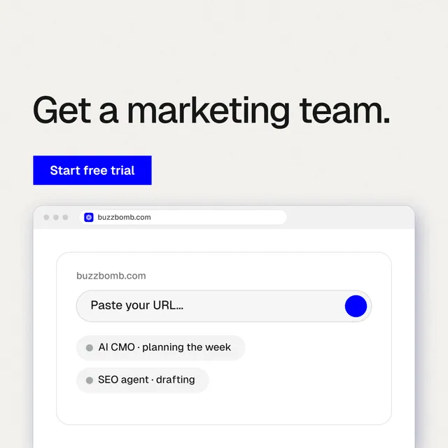 Instagram post for BuzzBomb: "Get a marketing team." Swiss style, browser layout, light palette in white.