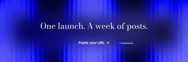 X header for BuzzBomb: "One launch. A week of posts." Minimal luxury style, centred layout, dark palette in blue.